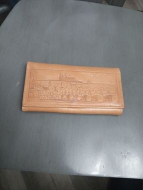 Embossed Tan Leather Wallet with Praha Scene